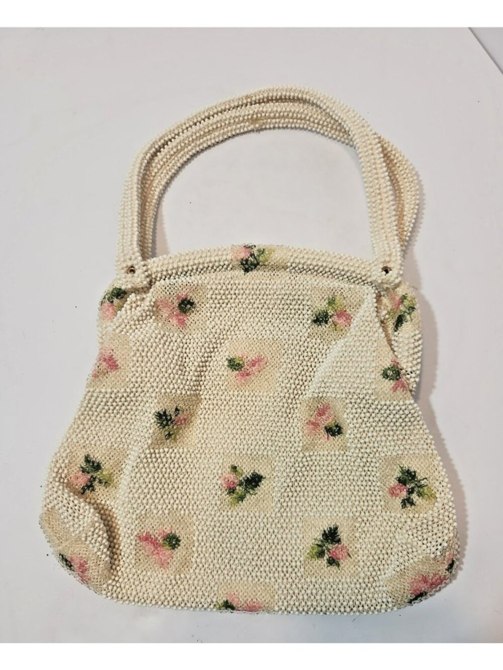 Vintage Lumured Corde Bead Floral Handbag West Germany Cream Pink Kiss Lock Bag